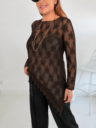 Spitzen Langarmshirt in Braun, leicht transparent bei Levelone für Damen in Einheitsgrößen 36-42 - Levelone GmbH & Co. KG
