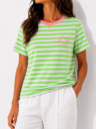 T-Shirt in Grün-Grau gestreift mit Schaumprint-Schriftzug-Print in Neonpink