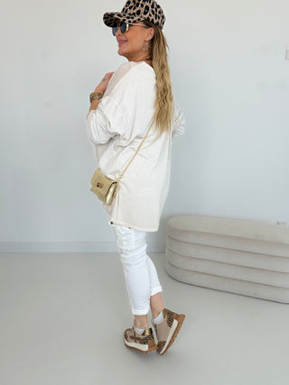 Langarmshirt in Beige vorne mit Feinstrick