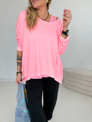 Langarmshirt in Neon-Pink mit Asymmetrischem Schnitt