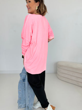Langarmshirt in Neon-Pink mit Asymmetrischem Schnitt
